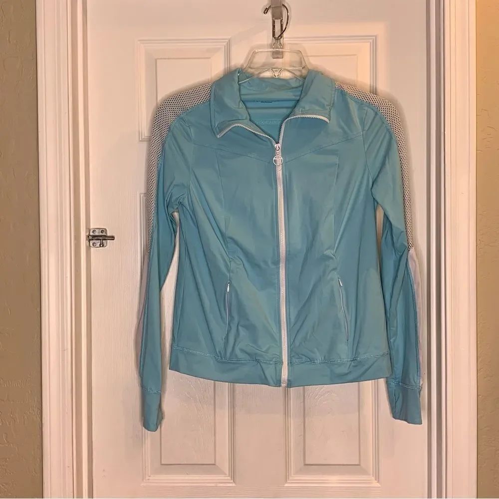 Trina Turk Recreation Mesh-Trim Jacket Size Large
Color: Turquoise